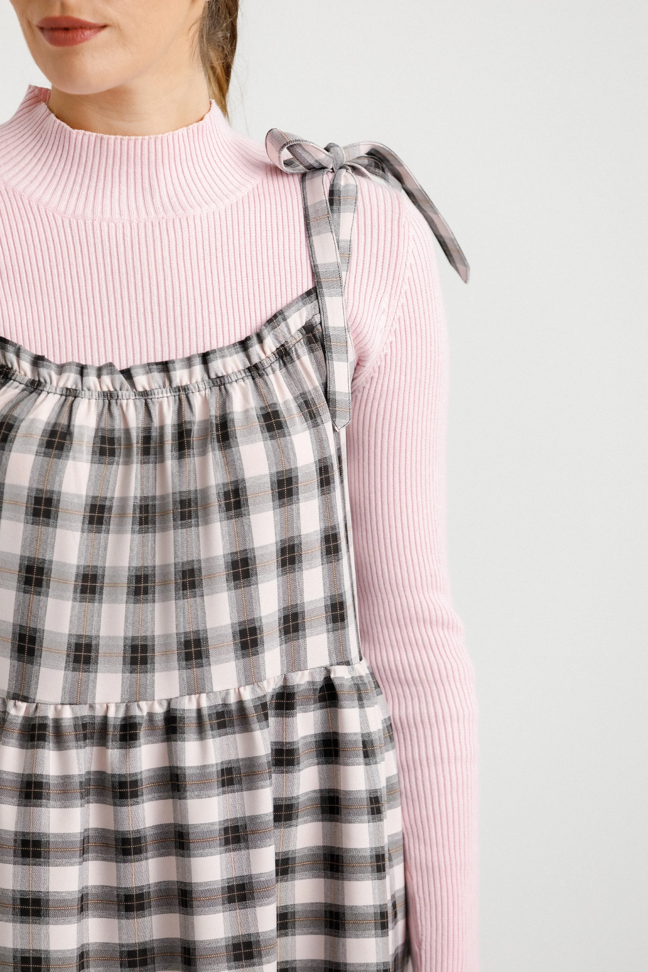 Tie Up Ziggy Dress - Soft Pink Check